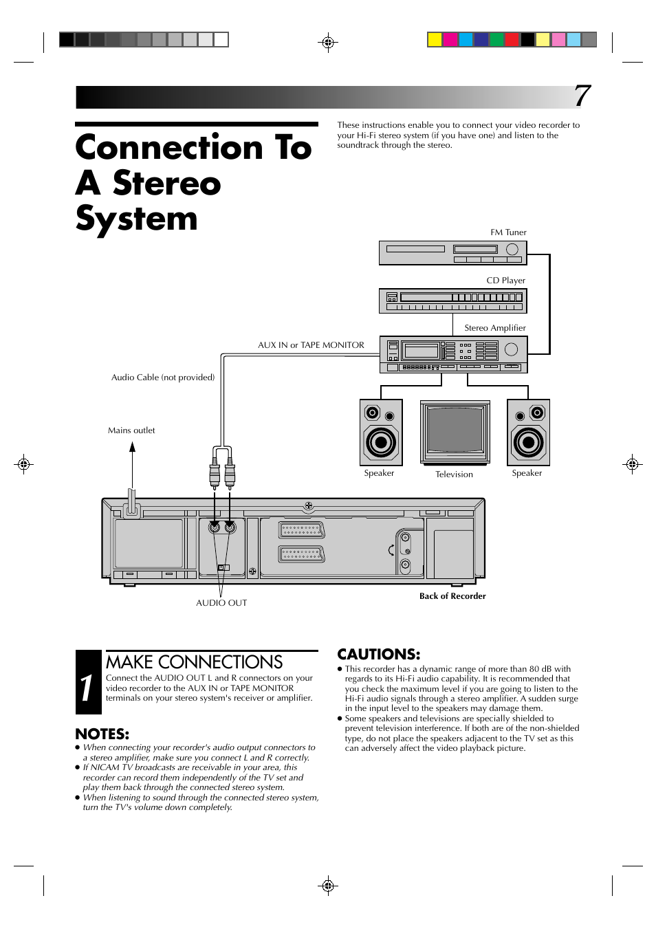 Connection to a stereo system, Make connections, Cautions | JVC HR-A630EK User Manual | Page 7 / 44