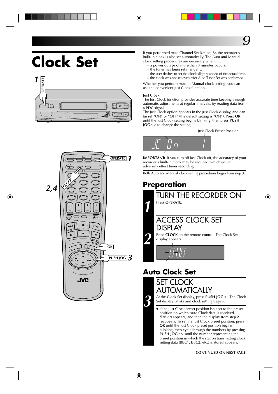 Clock set, Set clock automatically, Turn the recorder on | Access clock set display, Auto clock set preparation | JVC HR-A630EK User Manual | Page 9 / 44