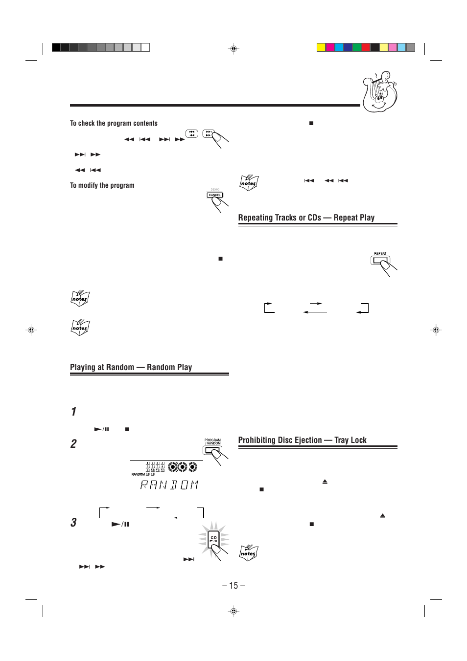 Repeating tracks or cds — repeat play, Prohibiting disc ejection — tray lock, Playing at random — random play | JVC MX-J900 User Manual | Page 18 / 30