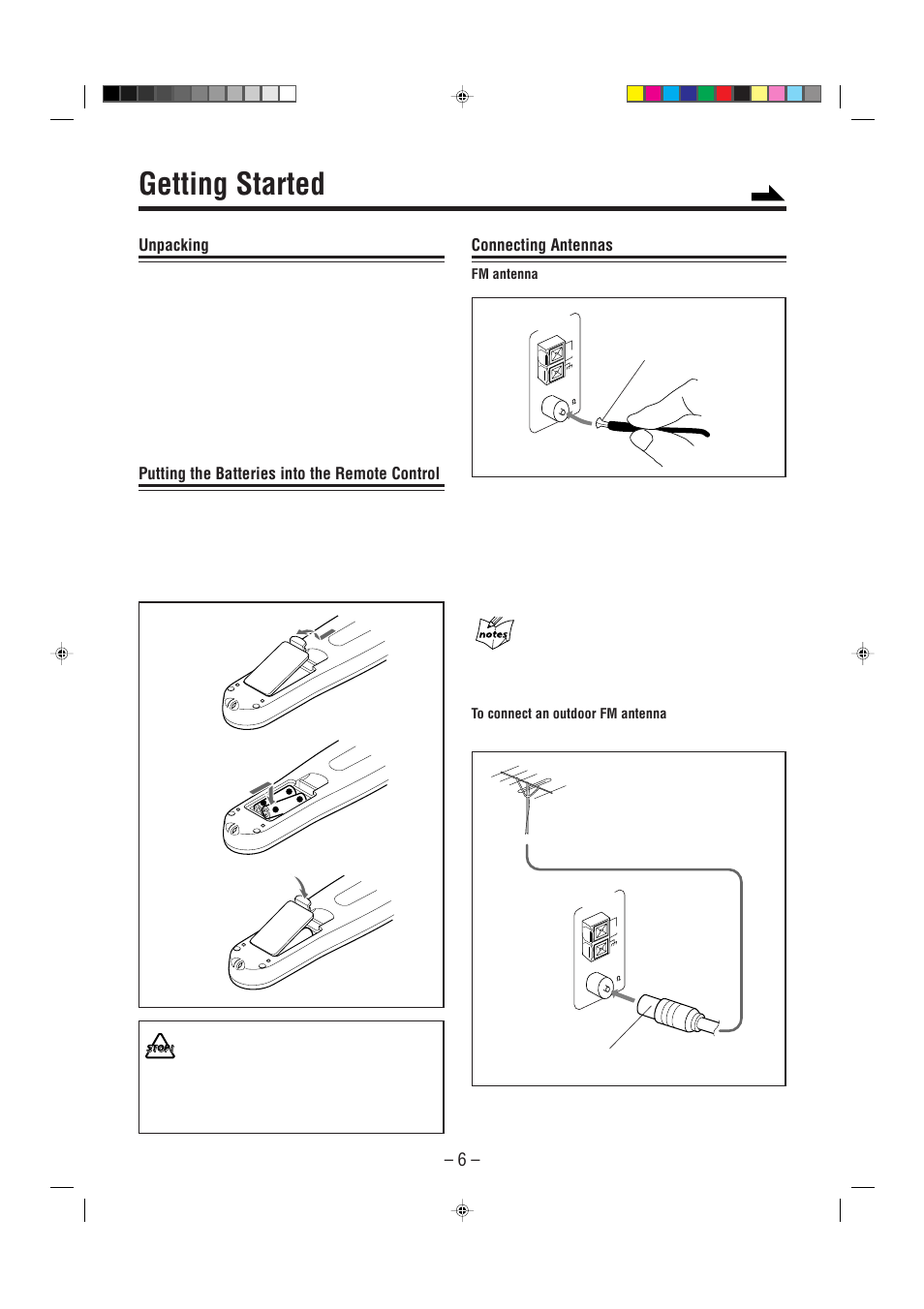 Getting started, Unpacking, Putting the batteries into the remote control | Connecting antennas, Extend the fm antenna | JVC MX-J900 User Manual | Page 9 / 30