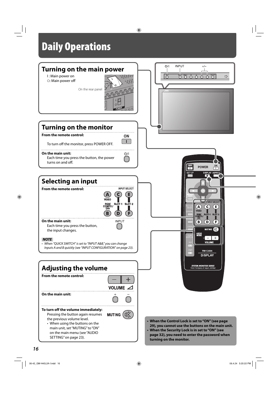 Daily operations, Turning on the main power, Turning on the monitor | Selecting an input, Adjusting the volume | JVC GM-H40L2A User Manual | Page 18 / 46