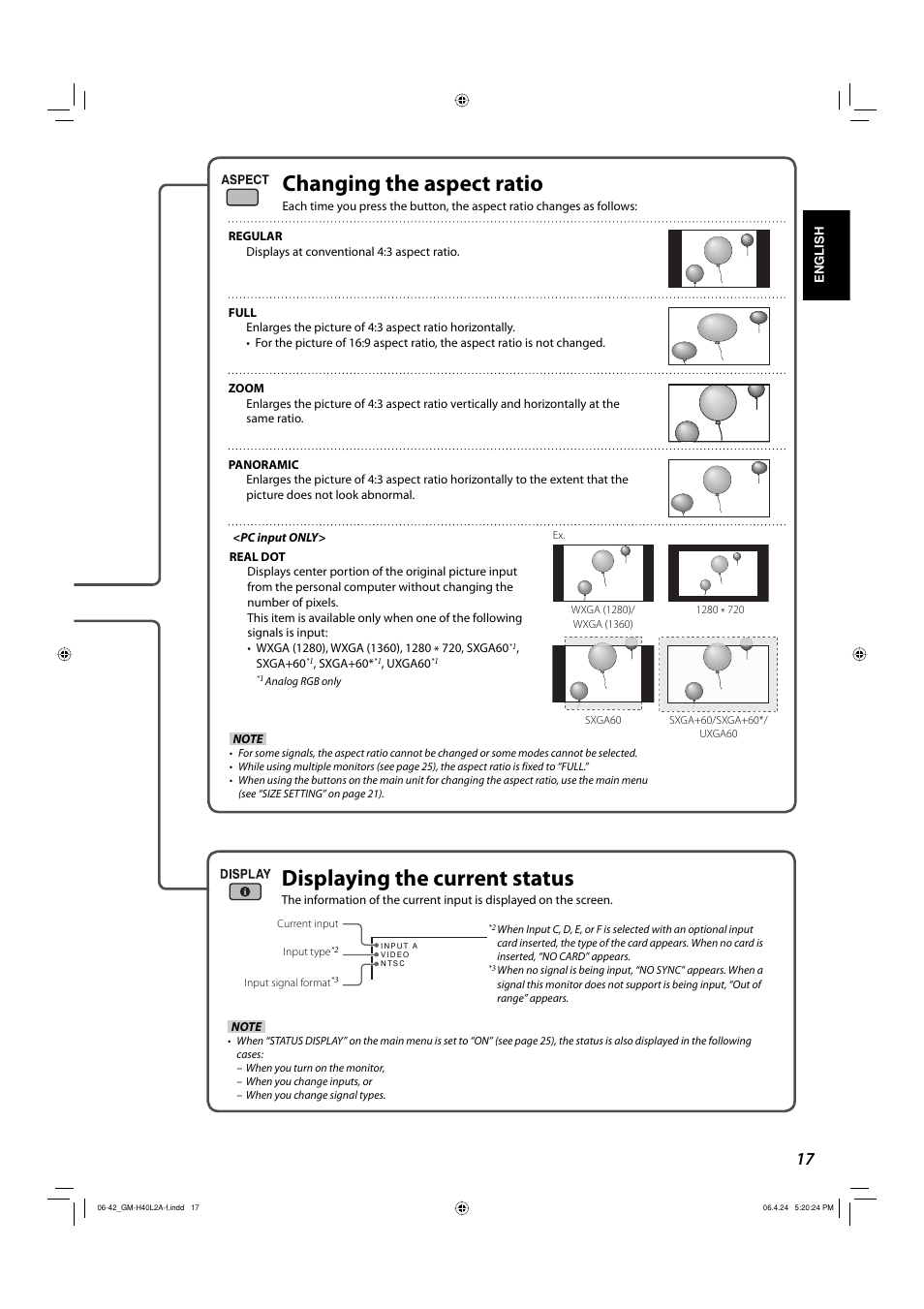 Changing the aspect ratio, Displaying the current status | JVC GM-H40L2A User Manual | Page 19 / 46