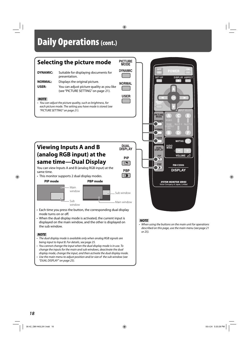 Selecting the picture mode, Daily operations, Cont.) | JVC GM-H40L2A User Manual | Page 20 / 46