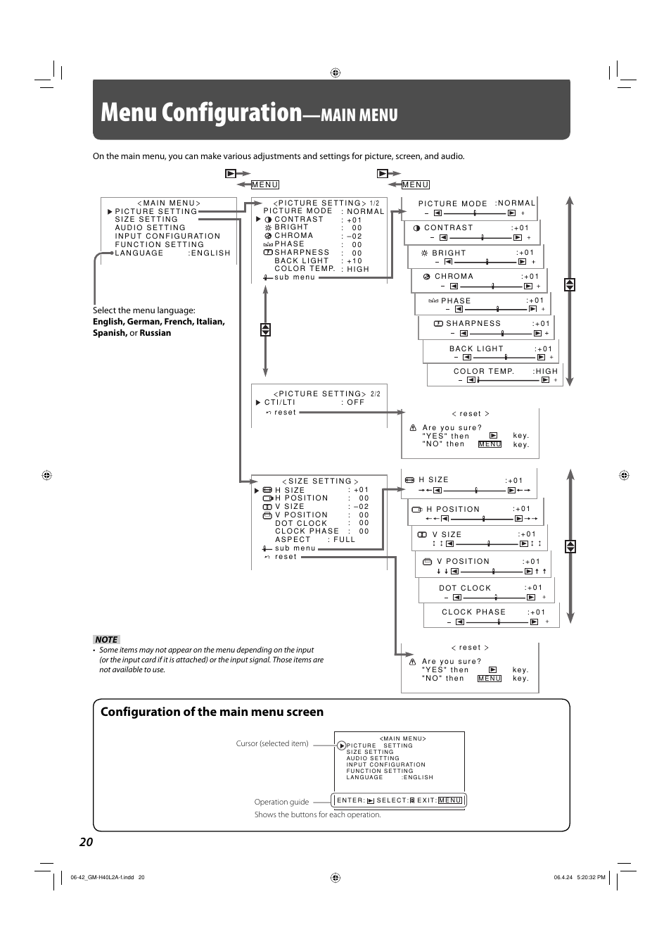 Menu configuration—main menu, Menu configuration, Main menu | Configuration of the main menu screen | JVC GM-H40L2A User Manual | Page 22 / 46