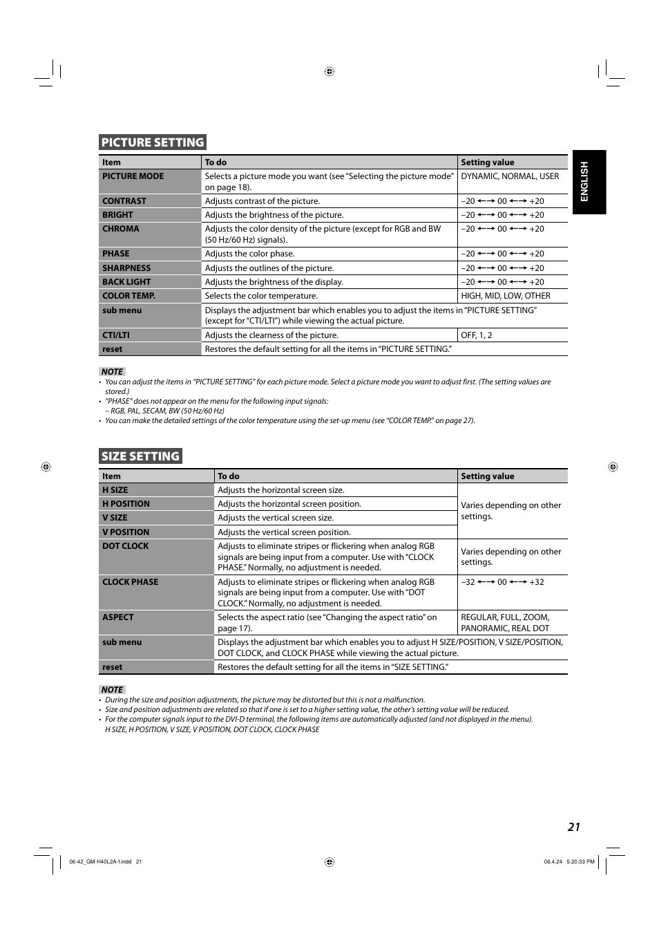 Picture setting, Size setting | JVC GM-H40L2A User Manual | Page 23 / 46