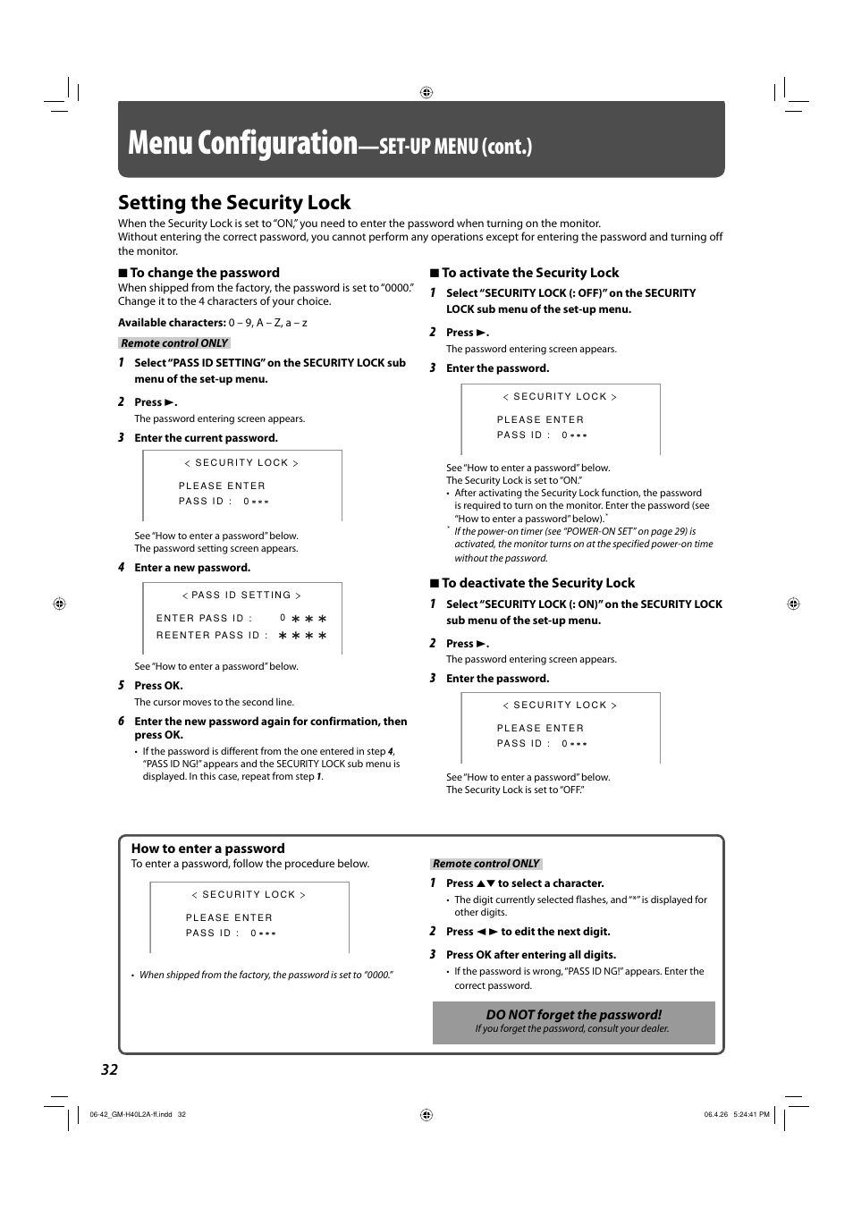 Setting the security lock, Menu configuration, Set-up menu (cont.) | JVC GM-H40L2A User Manual | Page 34 / 46