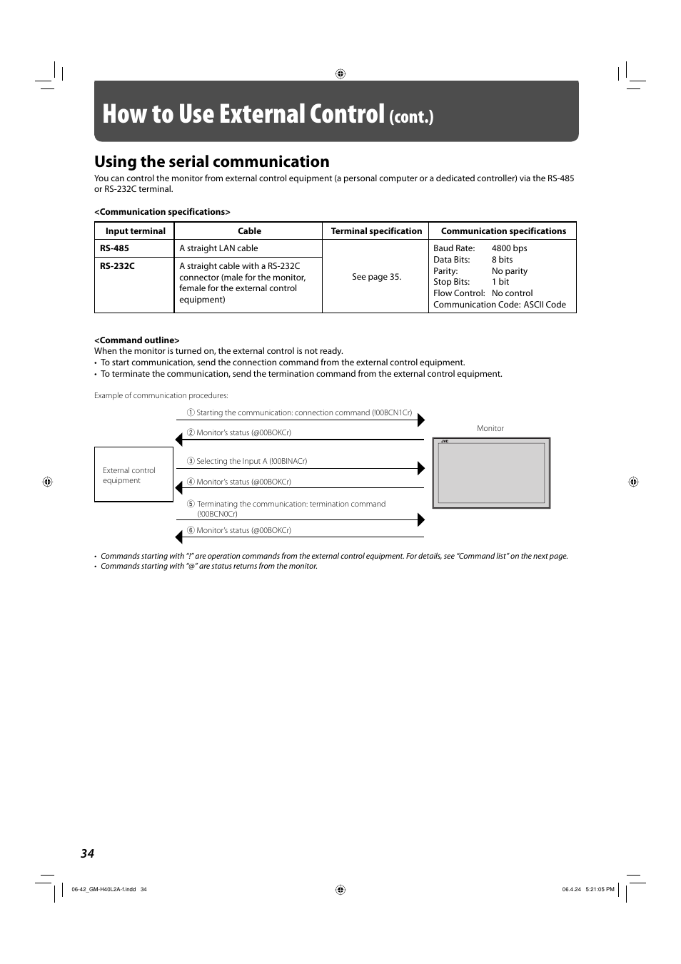 Using the serial communication, How to use external control, Cont.) | JVC GM-H40L2A User Manual | Page 36 / 46