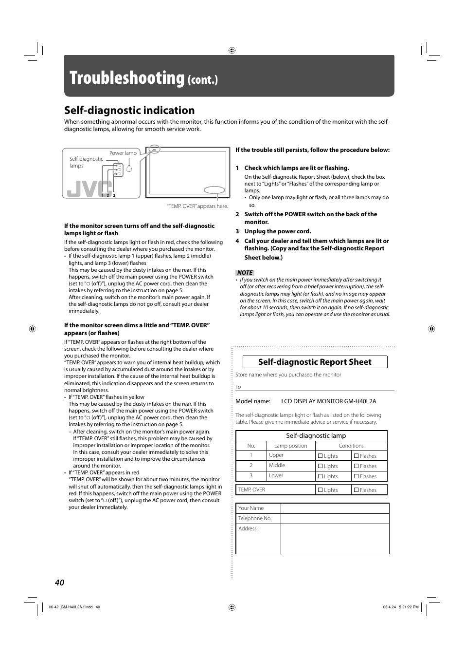 Self-diagnostic indication, Troubleshooting, Cont.) | Self-diagnostic report sheet | JVC GM-H40L2A User Manual | Page 42 / 46