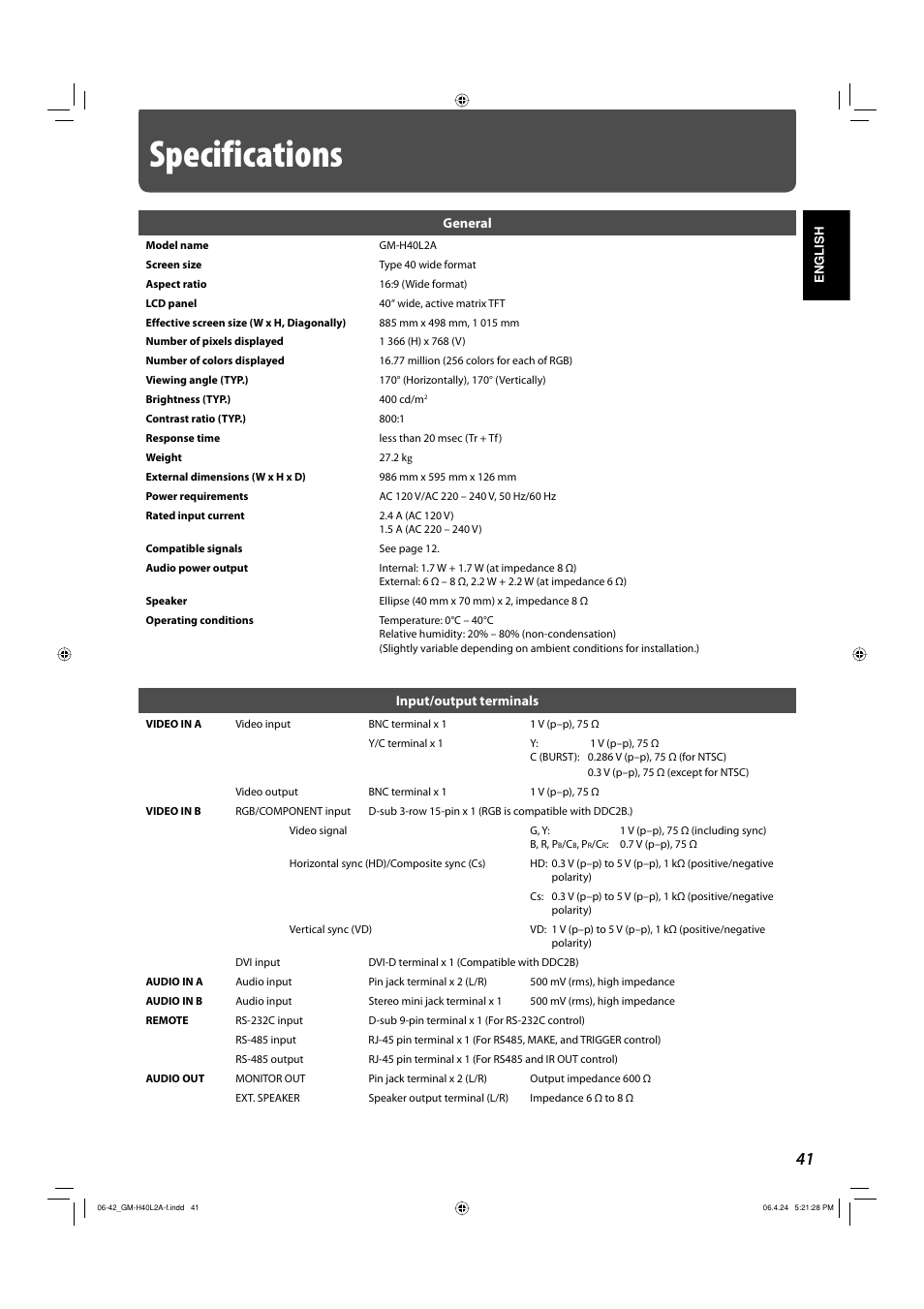 Specifications | JVC GM-H40L2A User Manual | Page 43 / 46