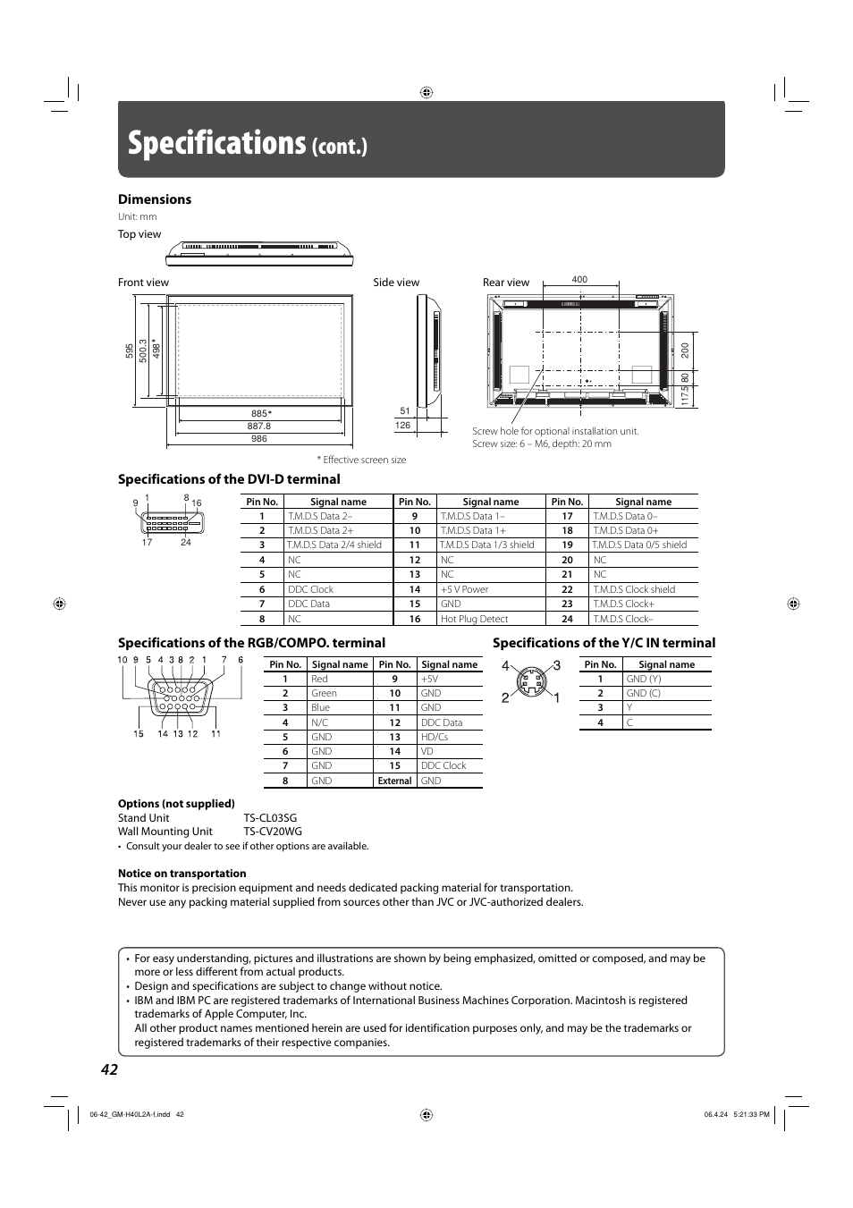 Specifications, Cont.), Dimensions | Specifications of the dvi-d terminal | JVC GM-H40L2A User Manual | Page 44 / 46