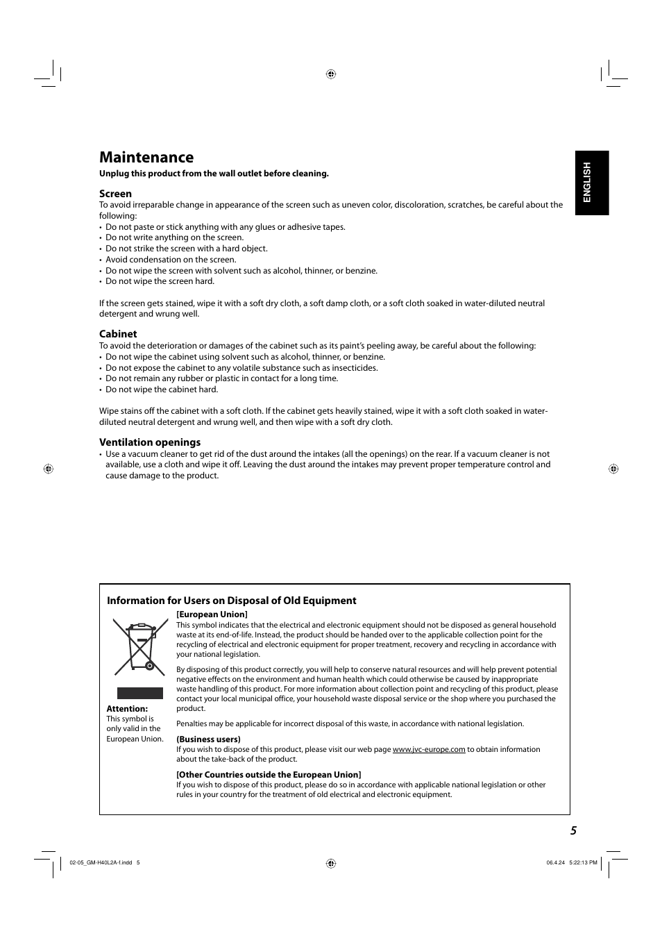 Maintenance | JVC GM-H40L2A User Manual | Page 7 / 46