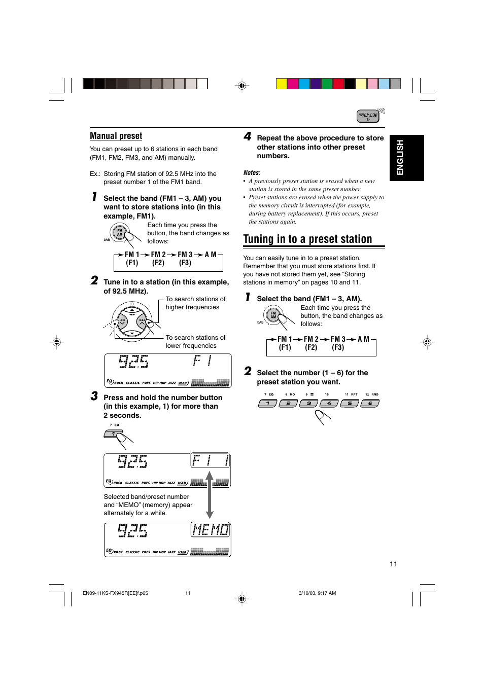 Tuning in to a preset station | JVC GET0122-001A User Manual | Page 11 / 48