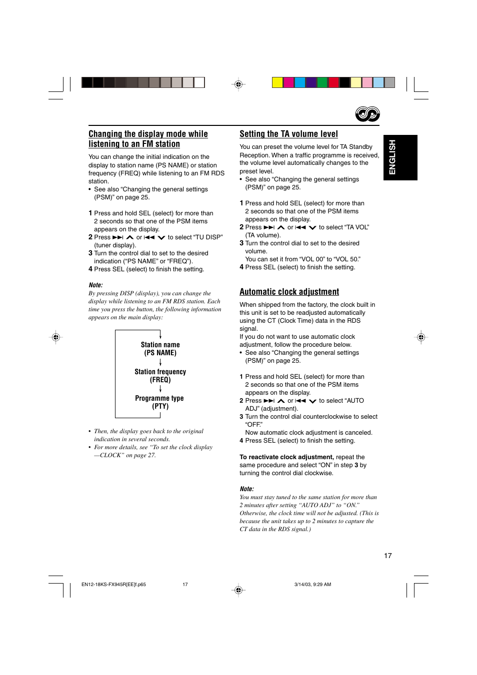 Setting the ta volume level, Automatic clock adjustment | JVC GET0122-001A User Manual | Page 17 / 48