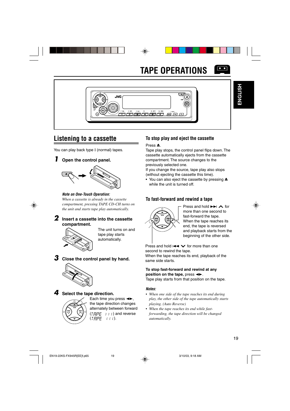 Tape operations, Listening to a cassette | JVC GET0122-001A User Manual | Page 19 / 48