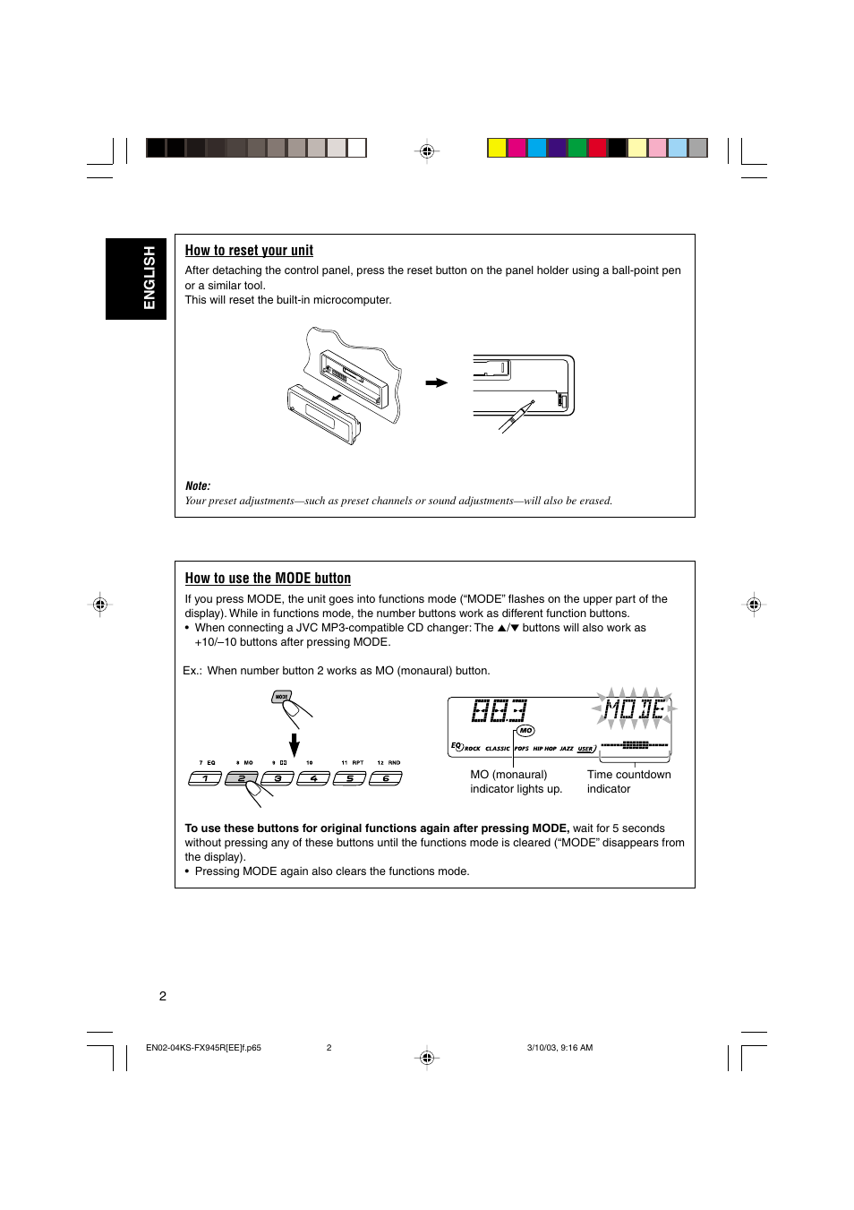 English how to reset your unit, How to use the mode button | JVC GET0122-001A User Manual | Page 2 / 48