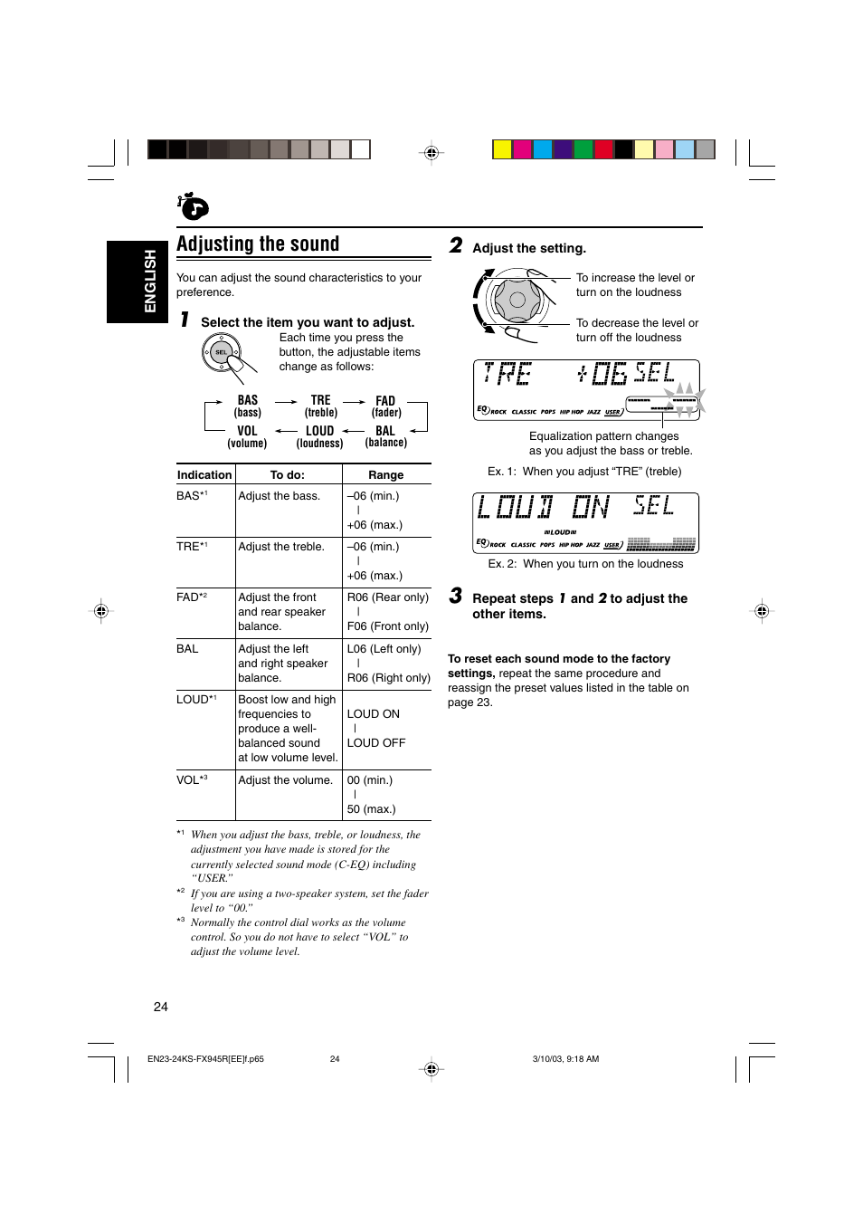 Adjusting the sound, English | JVC GET0122-001A User Manual | Page 24 / 48