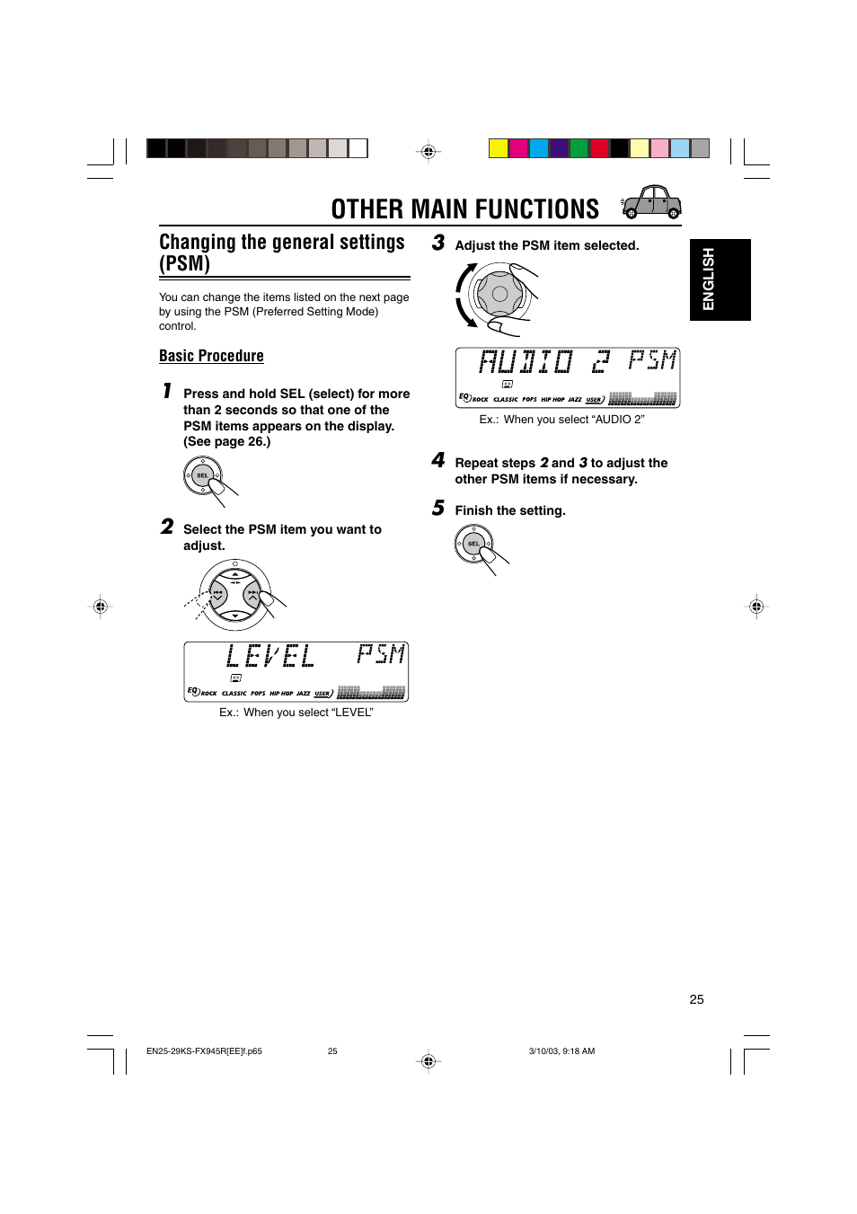 Other main functions, Changing the general settings (psm) | JVC GET0122-001A User Manual | Page 25 / 48