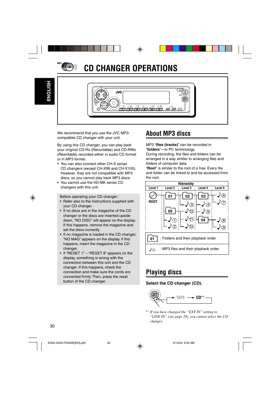 Cd changer operations, About mp3 discs, Playing discs | English | JVC GET0122-001A User Manual | Page 30 / 48