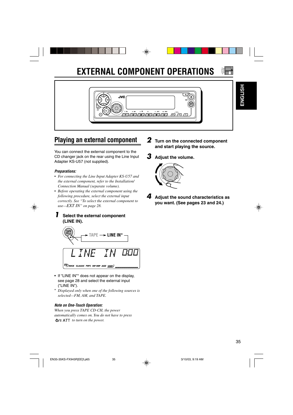 External component operations, Playing an external component | JVC GET0122-001A User Manual | Page 35 / 48