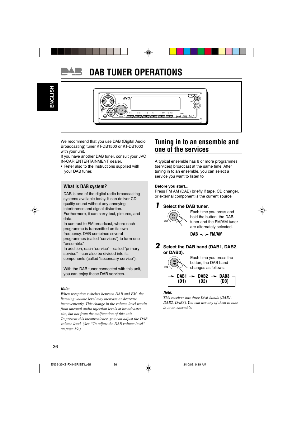 Dab tuner operations, Tuning in to an ensemble and one of the services | JVC GET0122-001A User Manual | Page 36 / 48