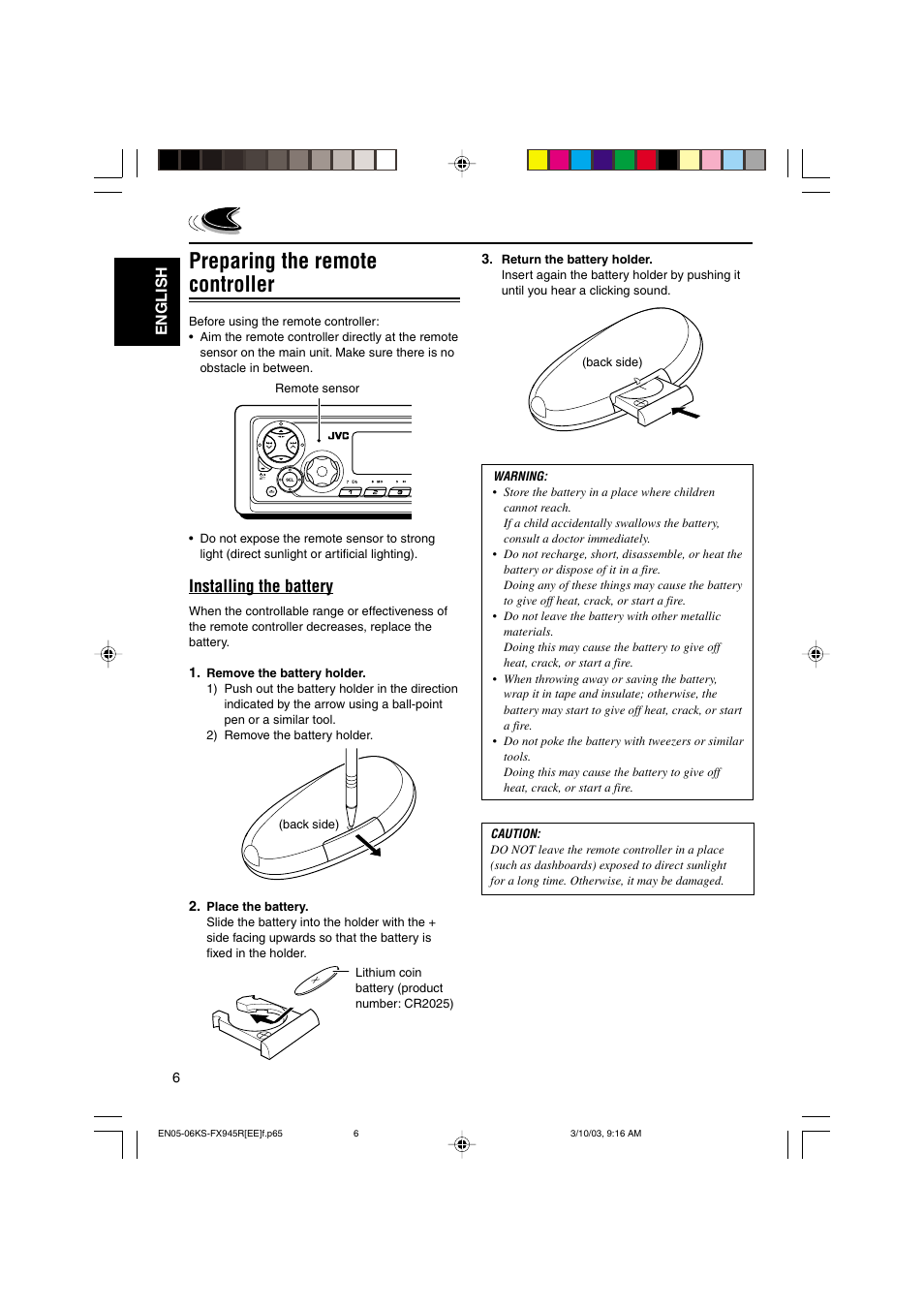 Preparing the remote controller, Installing the battery, English | JVC GET0122-001A User Manual | Page 6 / 48