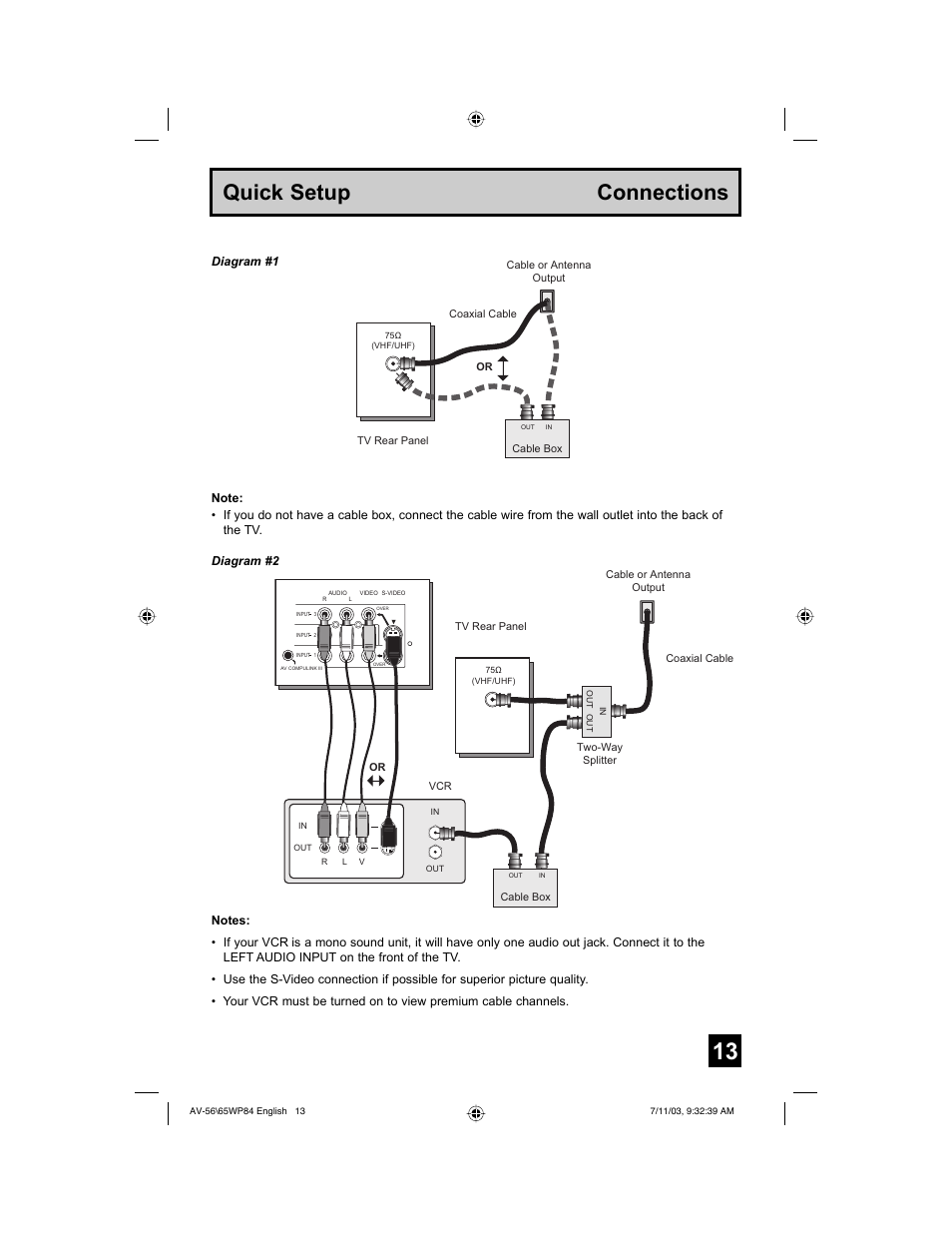 Quick setup connections | JVC AV 65WP84 User Manual | Page 13 / 72