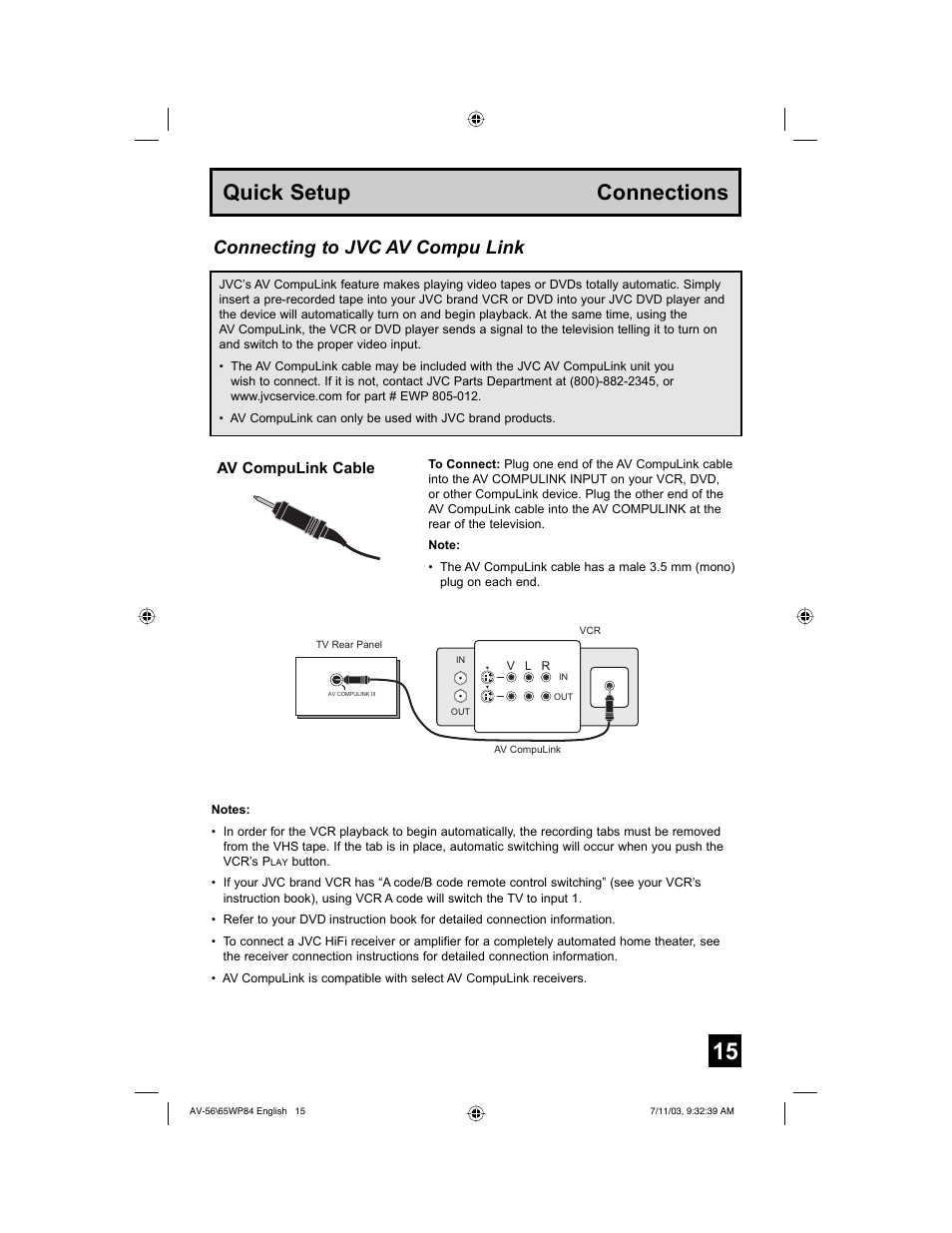 Quick setup connections, Connecting to jvc av compu link | JVC AV 65WP84 User Manual | Page 15 / 72