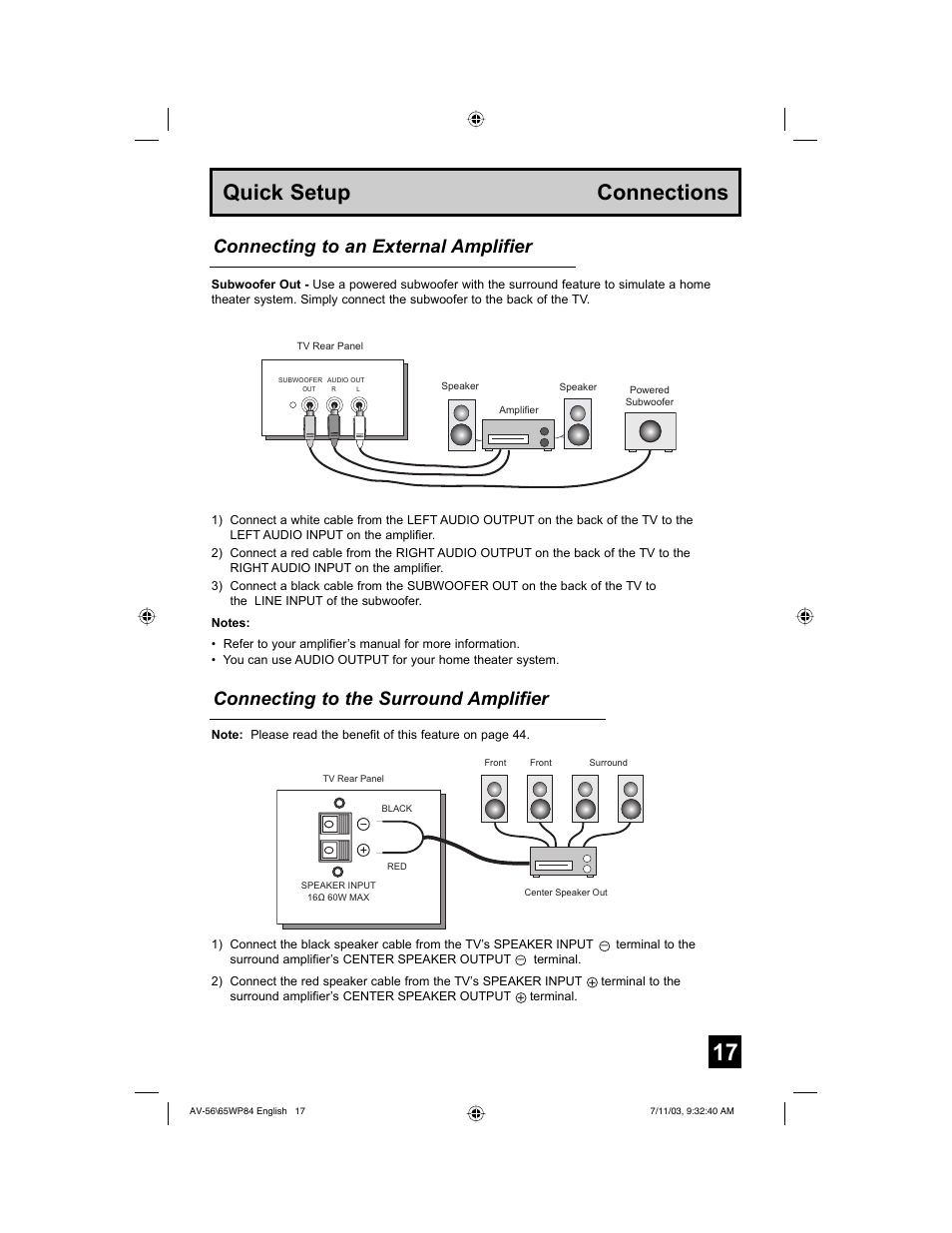 Quick setup connections, Connecting to the surround amplifier, Connecting to an external amplifier | JVC AV 65WP84 User Manual | Page 17 / 72