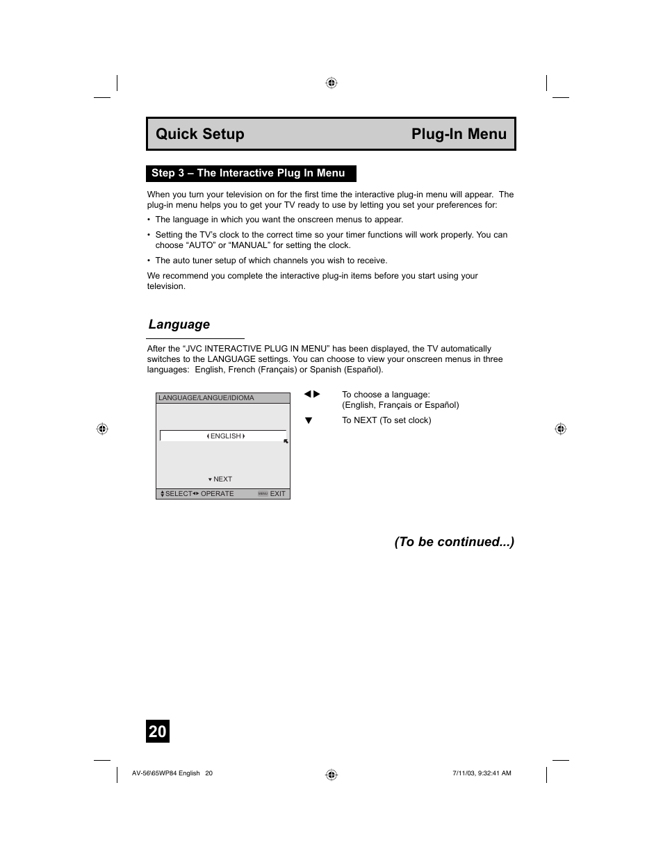 Quick setup plug-in menu, Language (to be continued...) | JVC AV 65WP84 User Manual | Page 20 / 72