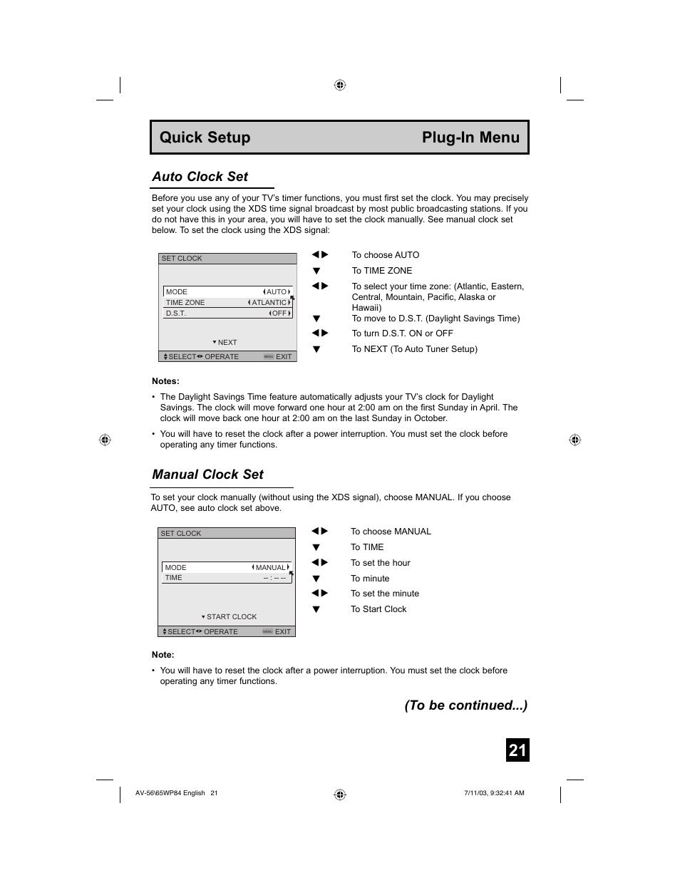 Quick setup plug-in menu, Manual clock set, Auto clock set (to be continued...) | JVC AV 65WP84 User Manual | Page 21 / 72