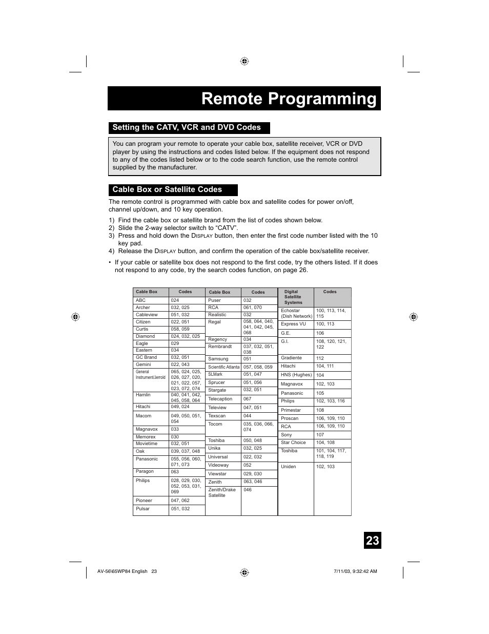 Remote programming | JVC AV 65WP84 User Manual | Page 23 / 72