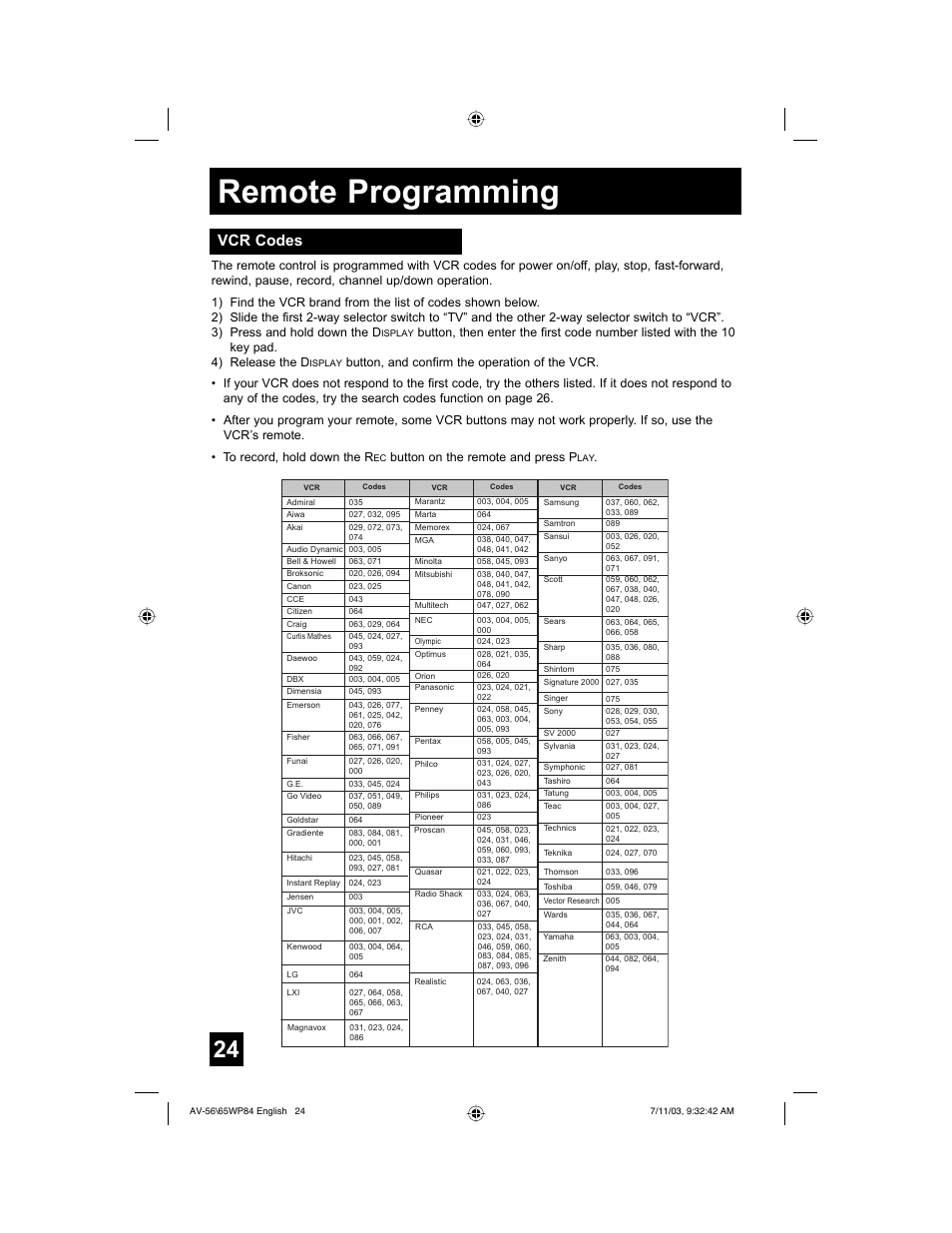 Remote programming, Vcr codes | JVC AV 65WP84 User Manual | Page 24 / 72