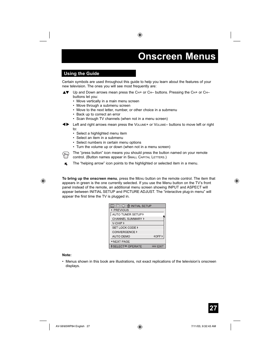 Onscreen menus | JVC AV 65WP84 User Manual | Page 27 / 72