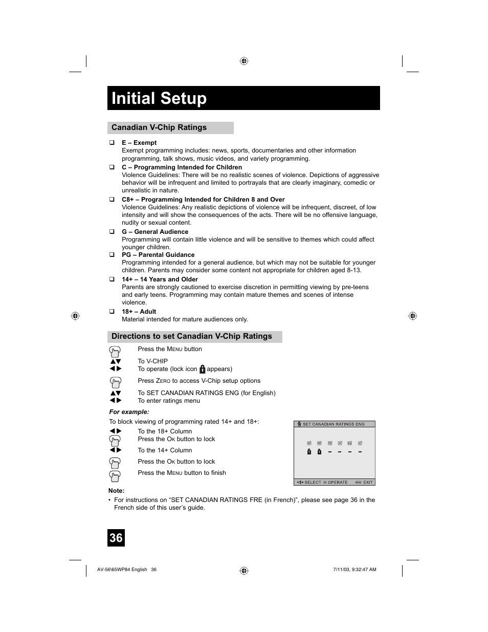 Initial setup | JVC AV 65WP84 User Manual | Page 36 / 72