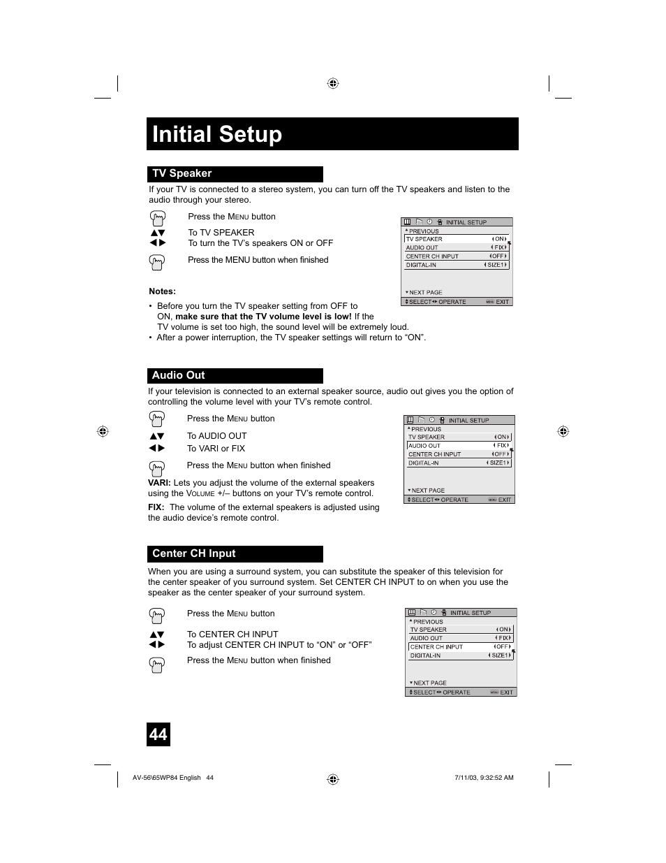 Initial setup | JVC AV 65WP84 User Manual | Page 44 / 72