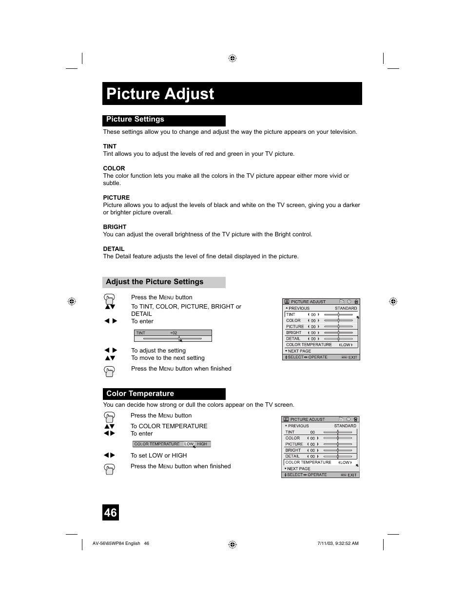 Picture adjust | JVC AV 65WP84 User Manual | Page 46 / 72