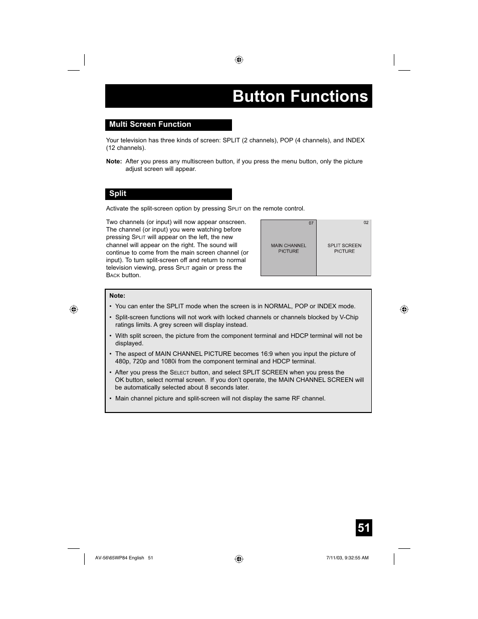 Button functions | JVC AV 65WP84 User Manual | Page 51 / 72