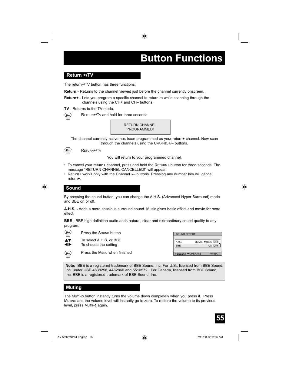 Button functions | JVC AV 65WP84 User Manual | Page 55 / 72