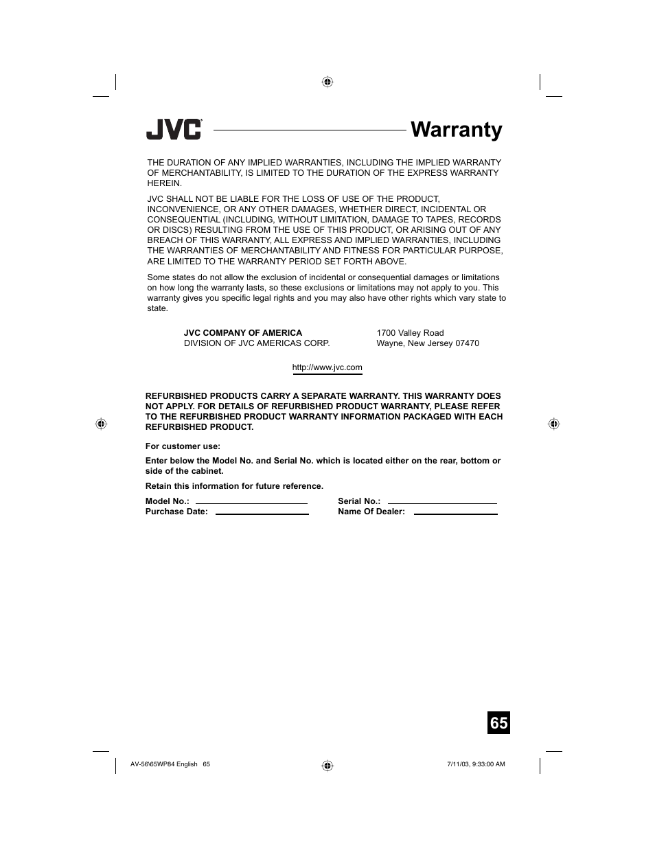 Warranty | JVC AV 65WP84 User Manual | Page 65 / 72