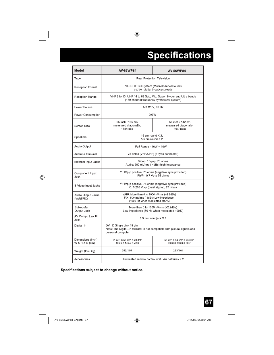 Specifications | JVC AV 65WP84 User Manual | Page 67 / 72