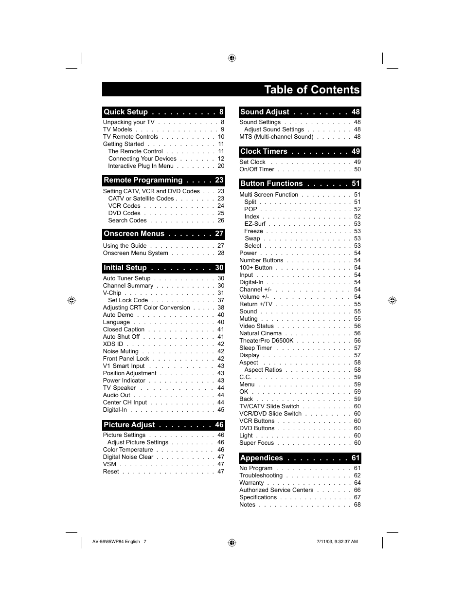 JVC AV 65WP84 User Manual | Page 7 / 72