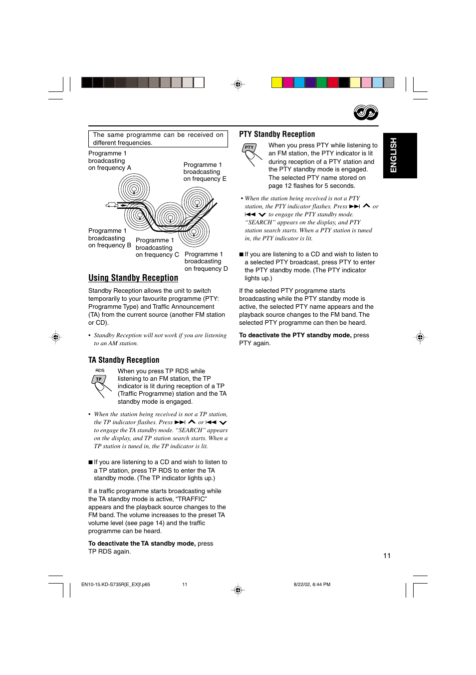 Using standby reception, English, Pty standby reception | Ta standby reception | JVC KD-S735R User Manual | Page 11 / 32