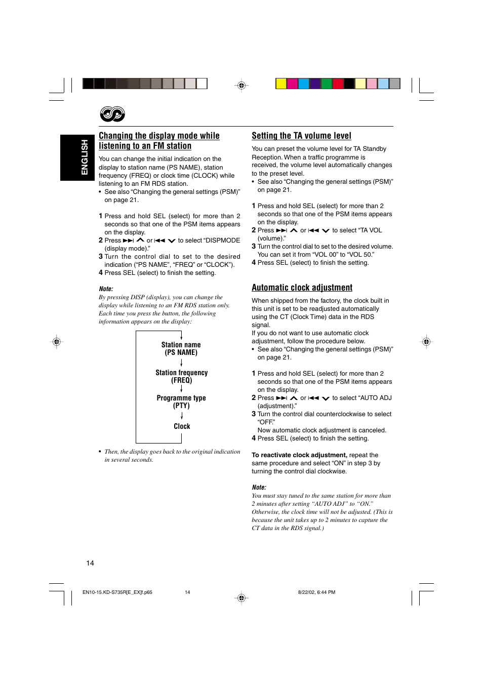 Setting the ta volume level, Automatic clock adjustment | JVC KD-S735R User Manual | Page 14 / 32