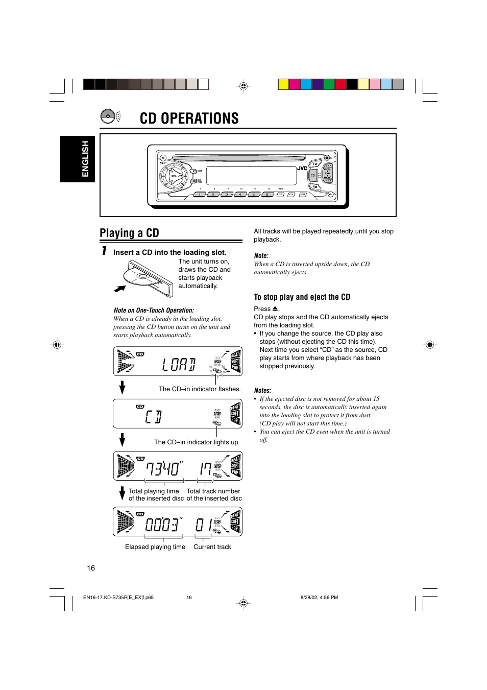 Cd operations, Playing a cd 1, English | Insert a cd into the loading slot | JVC KD-S735R User Manual | Page 16 / 32