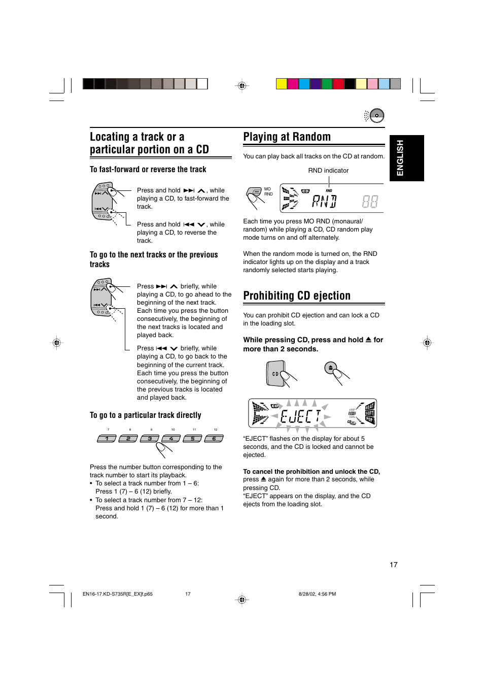 Locating a track or a particular portion on a cd, Playing at random, Prohibiting cd ejection | English | JVC KD-S735R User Manual | Page 17 / 32