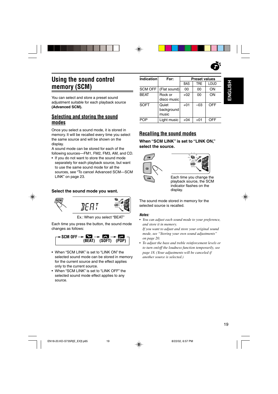 Selecting and storing the sound modes, Recalling the sound modes, English | JVC KD-S735R User Manual | Page 19 / 32