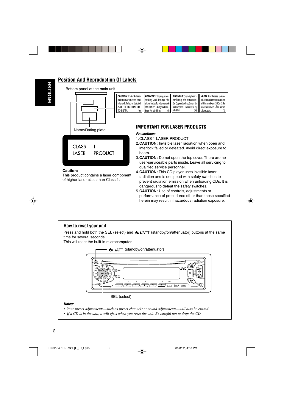 Position and reproduction of labels, English, Important for laser products | How to reset your unit | JVC KD-S735R User Manual | Page 2 / 32