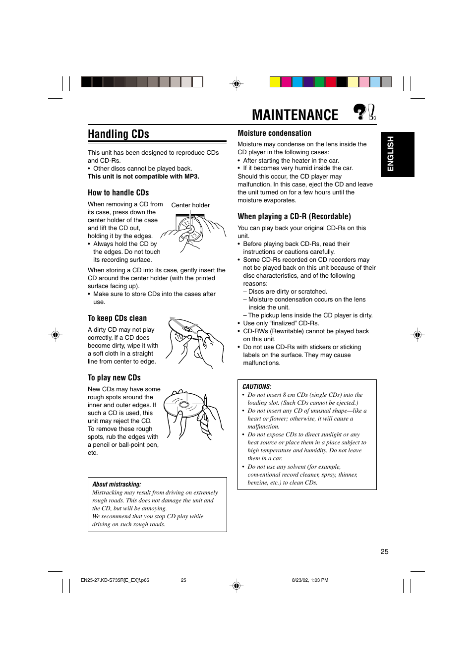 Maintenance, Handling cds | JVC KD-S735R User Manual | Page 25 / 32