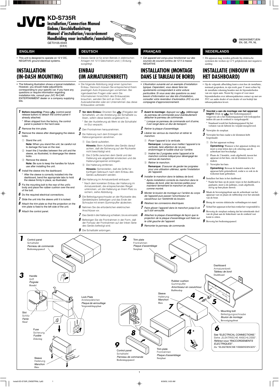 Installation, Kd-s735r, Installation (in-dash mounting) | Einbau (im armaturenbrett), Installation (montage dans le tableau de bord), Installatie (inbouw in het dashboard) | JVC KD-S735R User Manual | Page 29 / 32