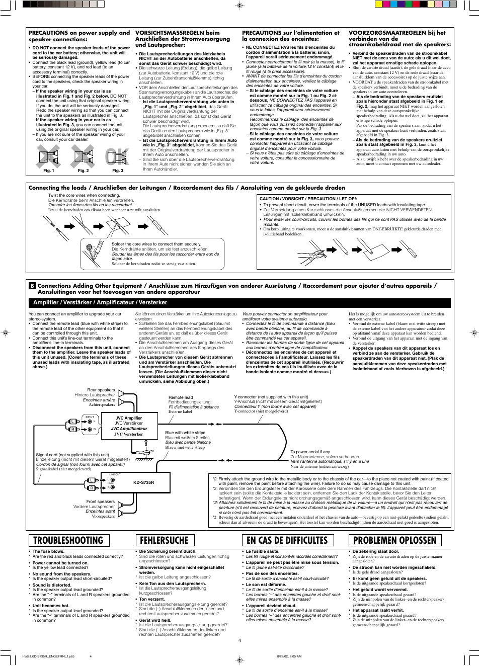 Troubleshooting, Fehlersuche, En cas de difficultes | Problemen oplossen | JVC KD-S735R User Manual | Page 32 / 32